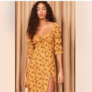 New Reformation Yellow Mustard Floral Rose Dress Sleeved Mini dress Rare 12 XL